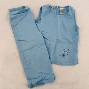 Cherokee Linen Blend Set Kids Girls XS Blue Butterfly Floral Top & Pants Outfit